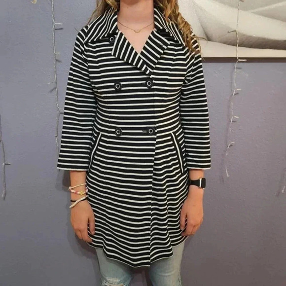 Cabi 5151 Black Striped Maritime Trench 3/4 Sleeve Button Front Jacket Size M‎ - Picture 1 of 3